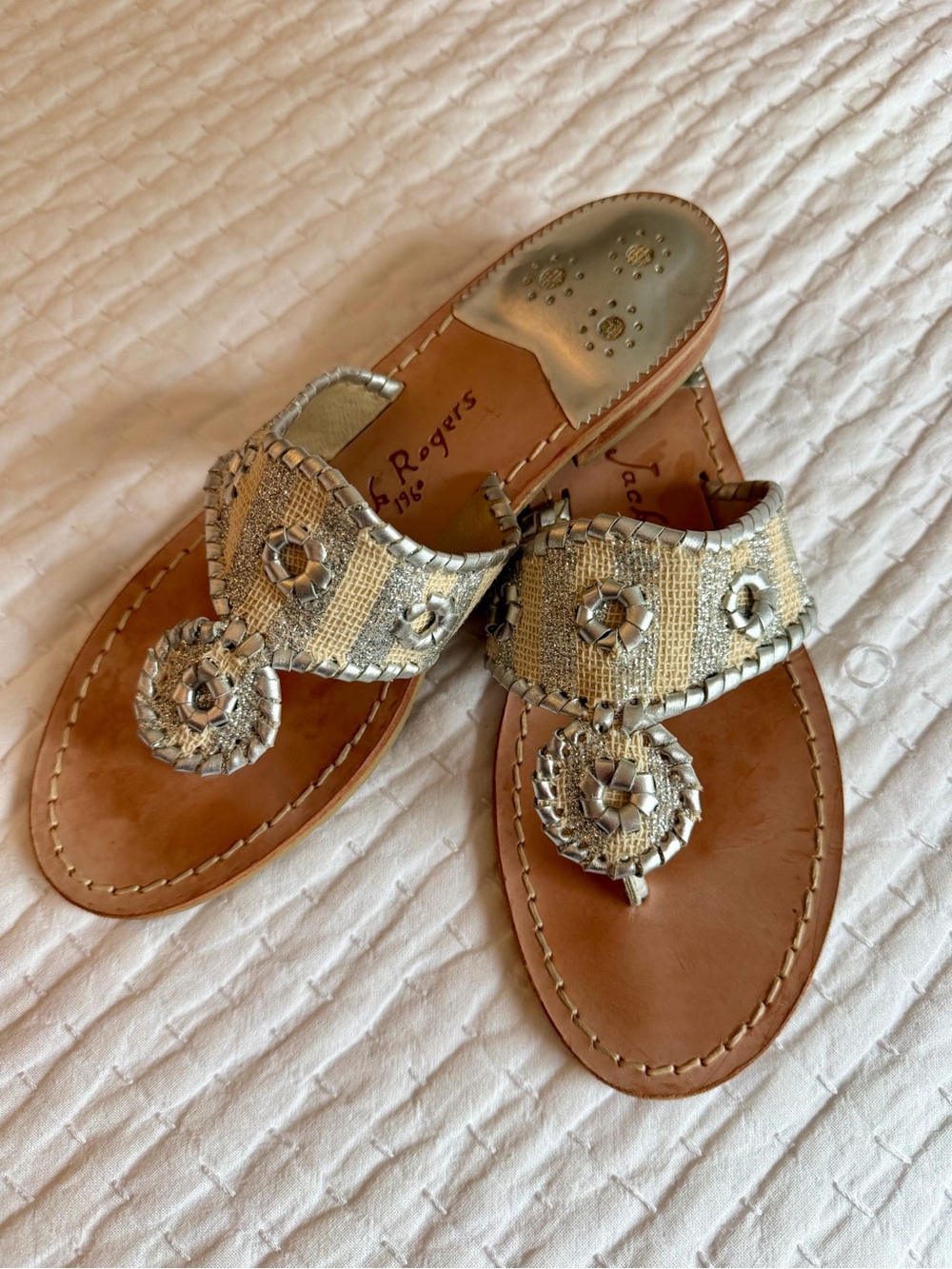 Jack Rogers Original Jacks Sandal, Silver and Cream Detail, 9.5